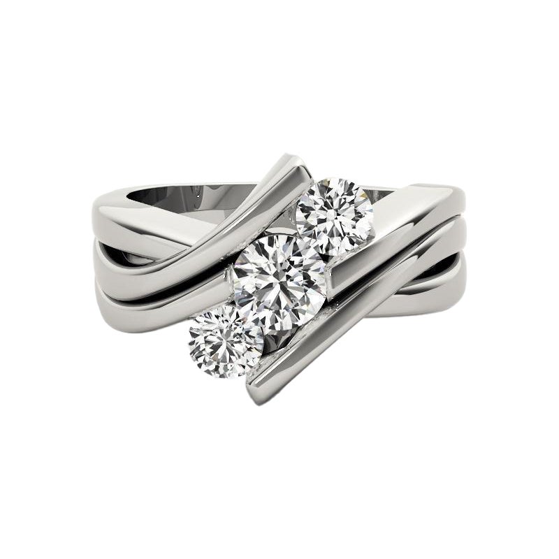 GIA 1,33ct Anello con diamante rotondo a 3 pietre, moderno e curvo, in oro bianco 18 carati
