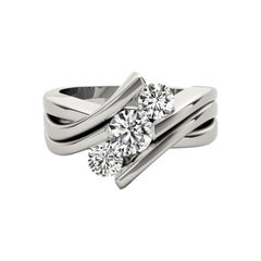 GIA 1.33ct Round 3-Stone Modern Curved Bypass 18K White Gold Diamond Ring