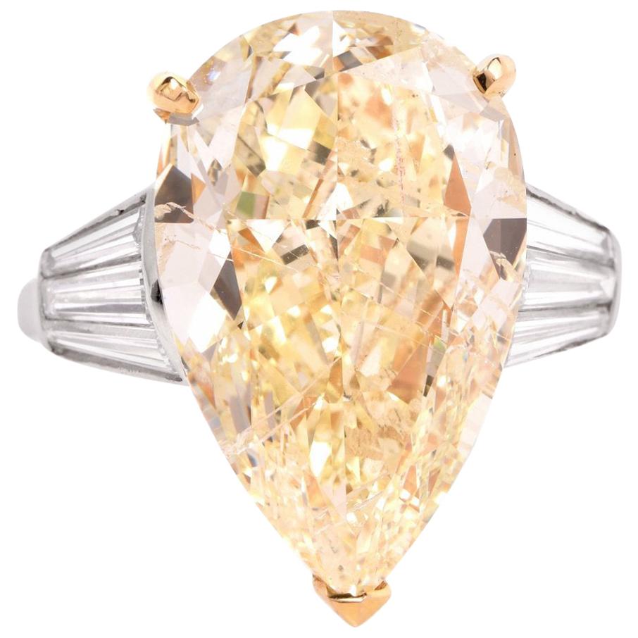 GIA 13.41 Carat Natural Fancy Pear Diamond with Baguette Platinum and Gold Ring