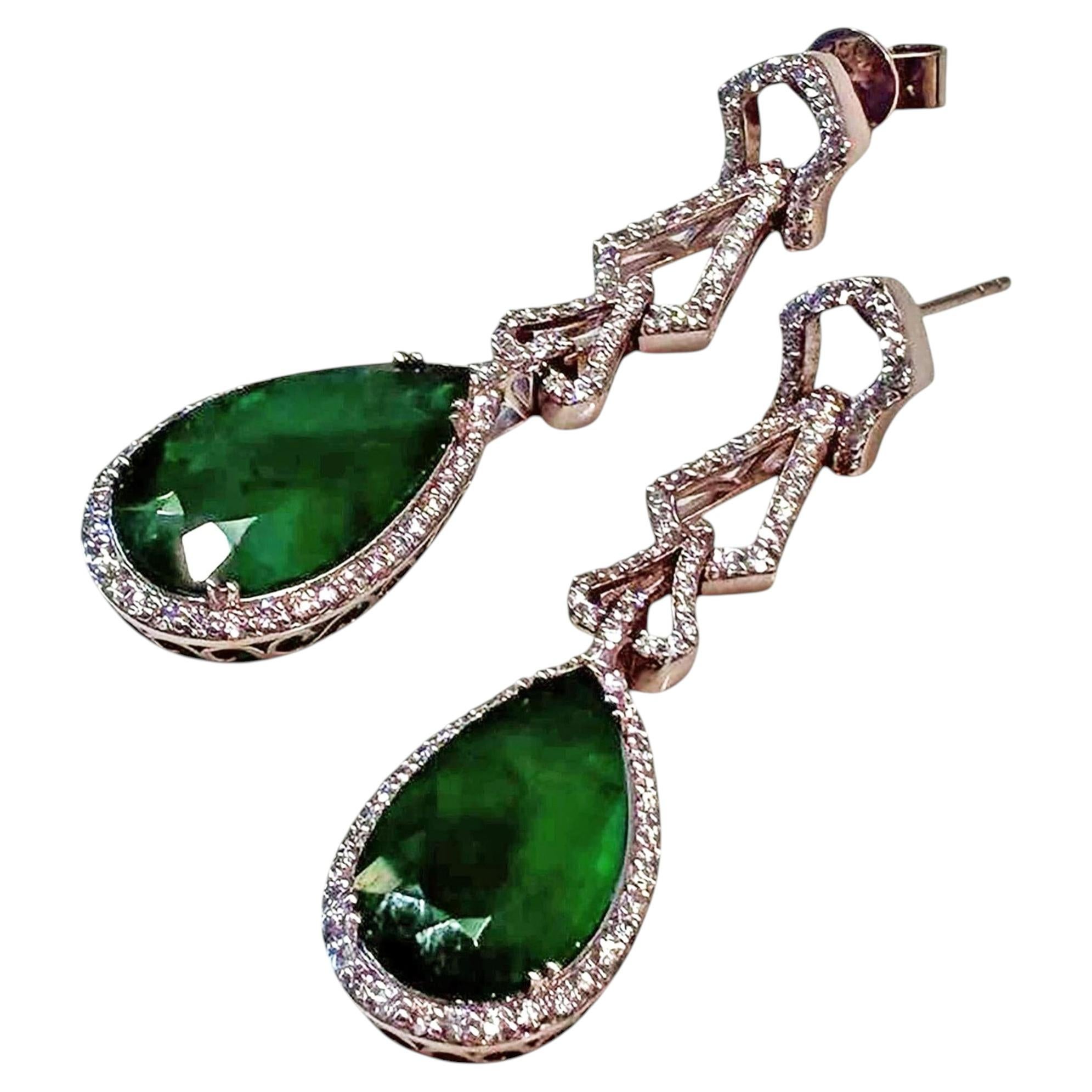 GIA 13.41ctw Natural Green Pear Shaped Emerald Diamond Drop Earrings Platinum