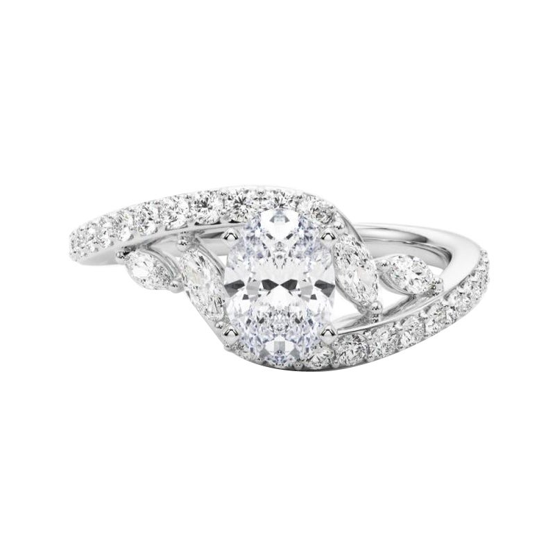 Bague en or blanc GIA de 1,35 carat en forme de feuille et de vigne ovale et incurvée