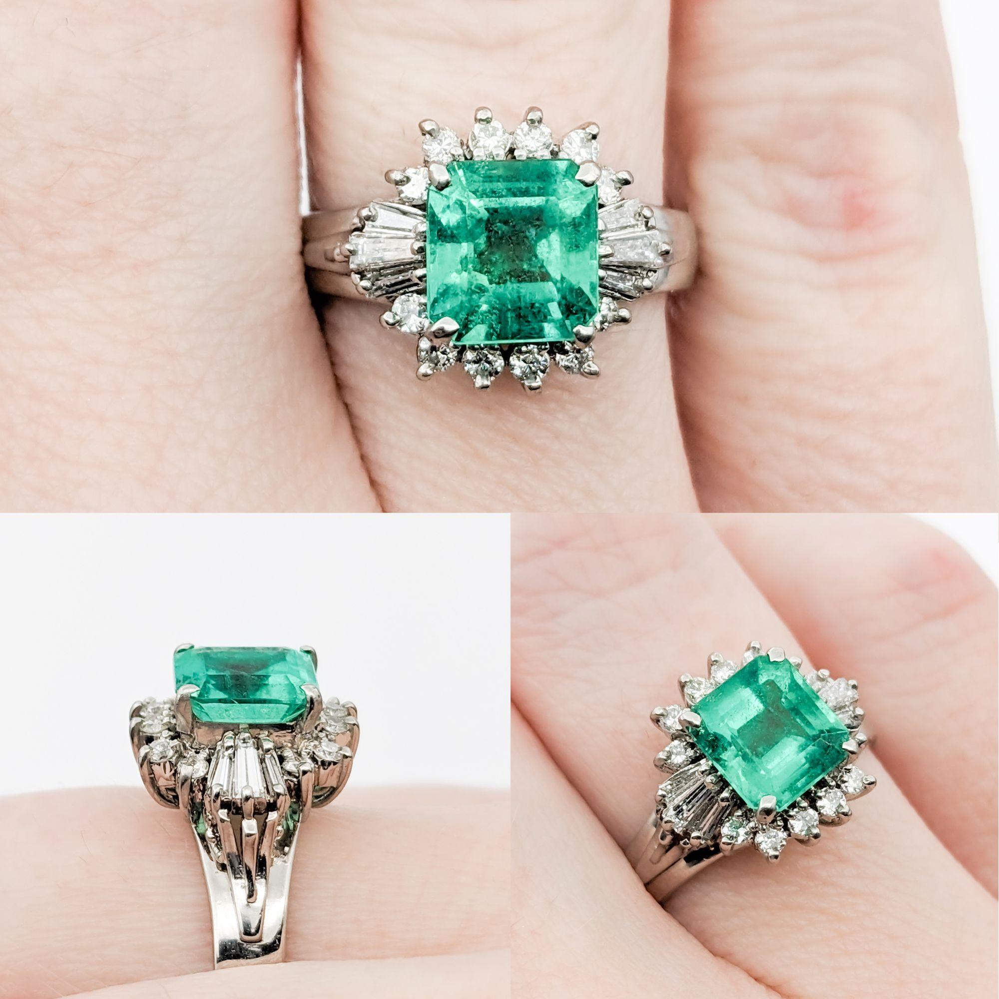 GIA 1.36ct Emerald & Diamonds Ring In Platinum

Crafted in luxurious 900 platinum, this ring showcases a stunning 1.36ct emerald centerpiece, complemented by 0.32ctw of diamonds in a mix of round and baguette cuts. The diamonds, with SI clarity and