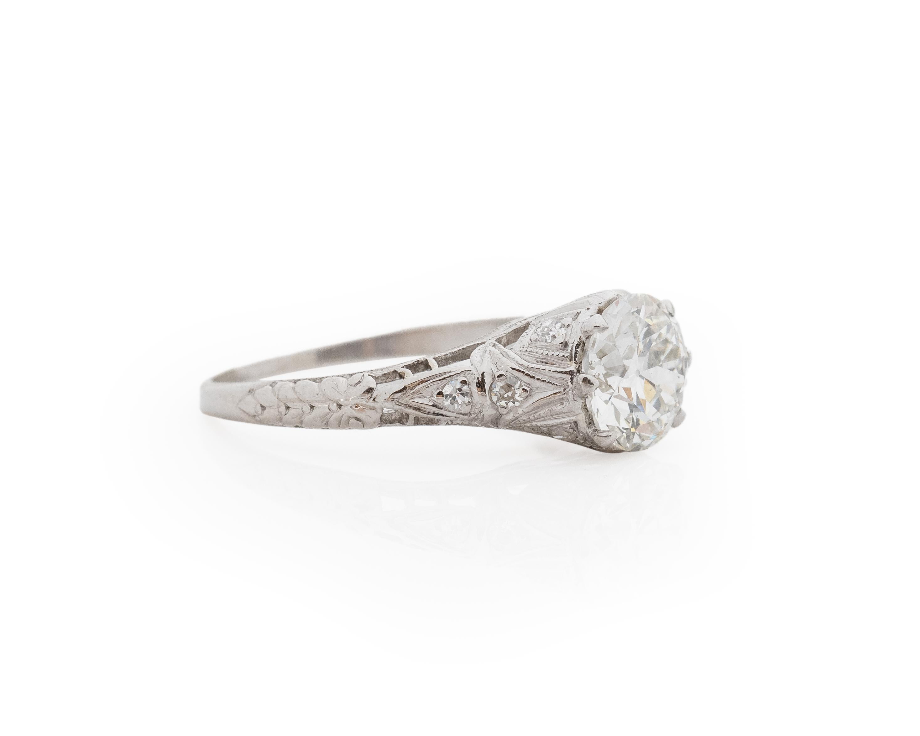 Year: 1920s

Item Details:
Ring Size: 6.75
Metal Type:  Platinum [Hallmarked, and Tested]
Weight:  3.1 grams

Center Diamond Details:

GIA Report#:7235142675
Weight: 1.37ct total weight
Cut: Old European brilliant
Color: I
Clarity: SI1
Type: