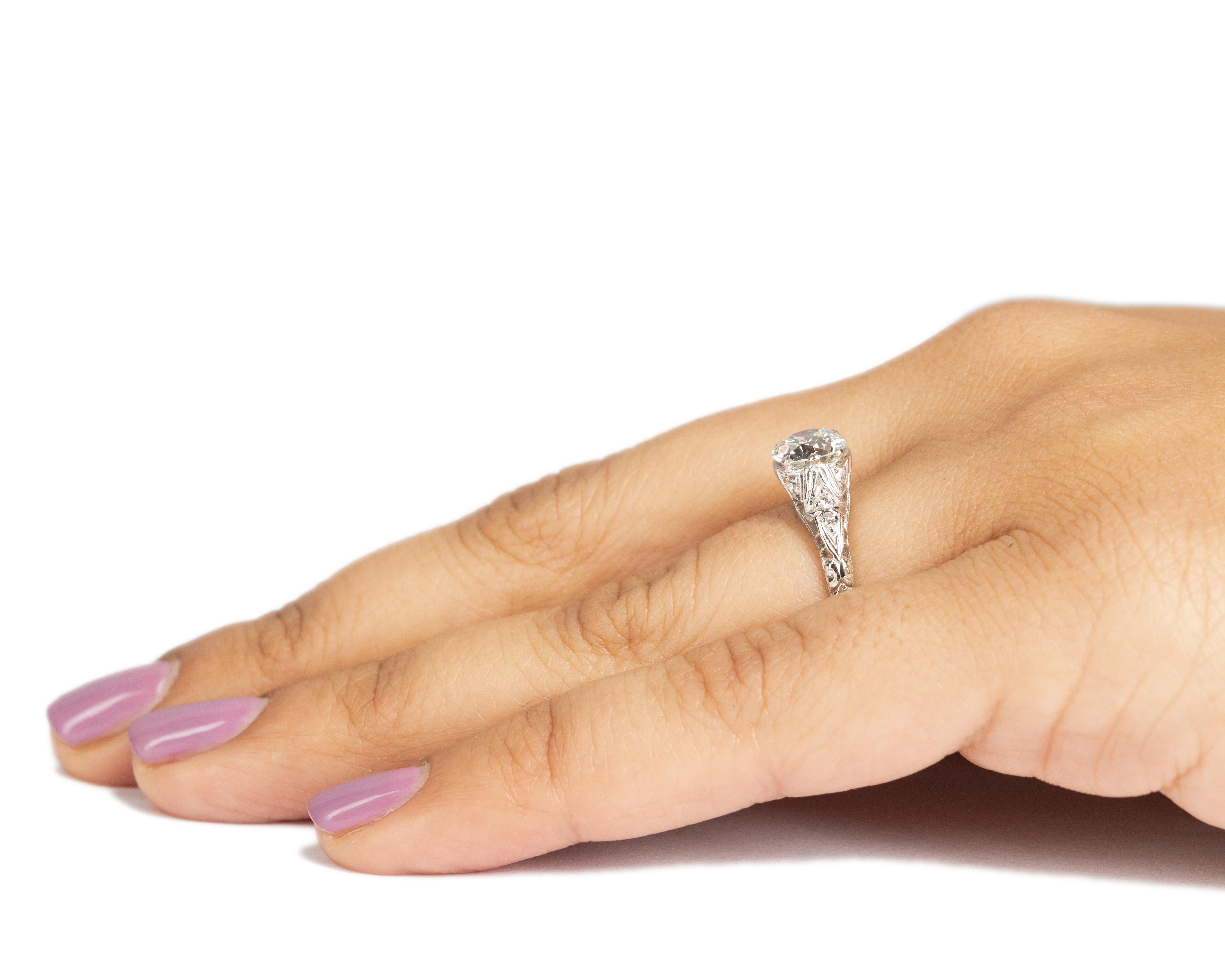 Women's GIA 1.37 Carat Art Deco Platinum Diamond Old European Brilliant Engagement Ring For Sale