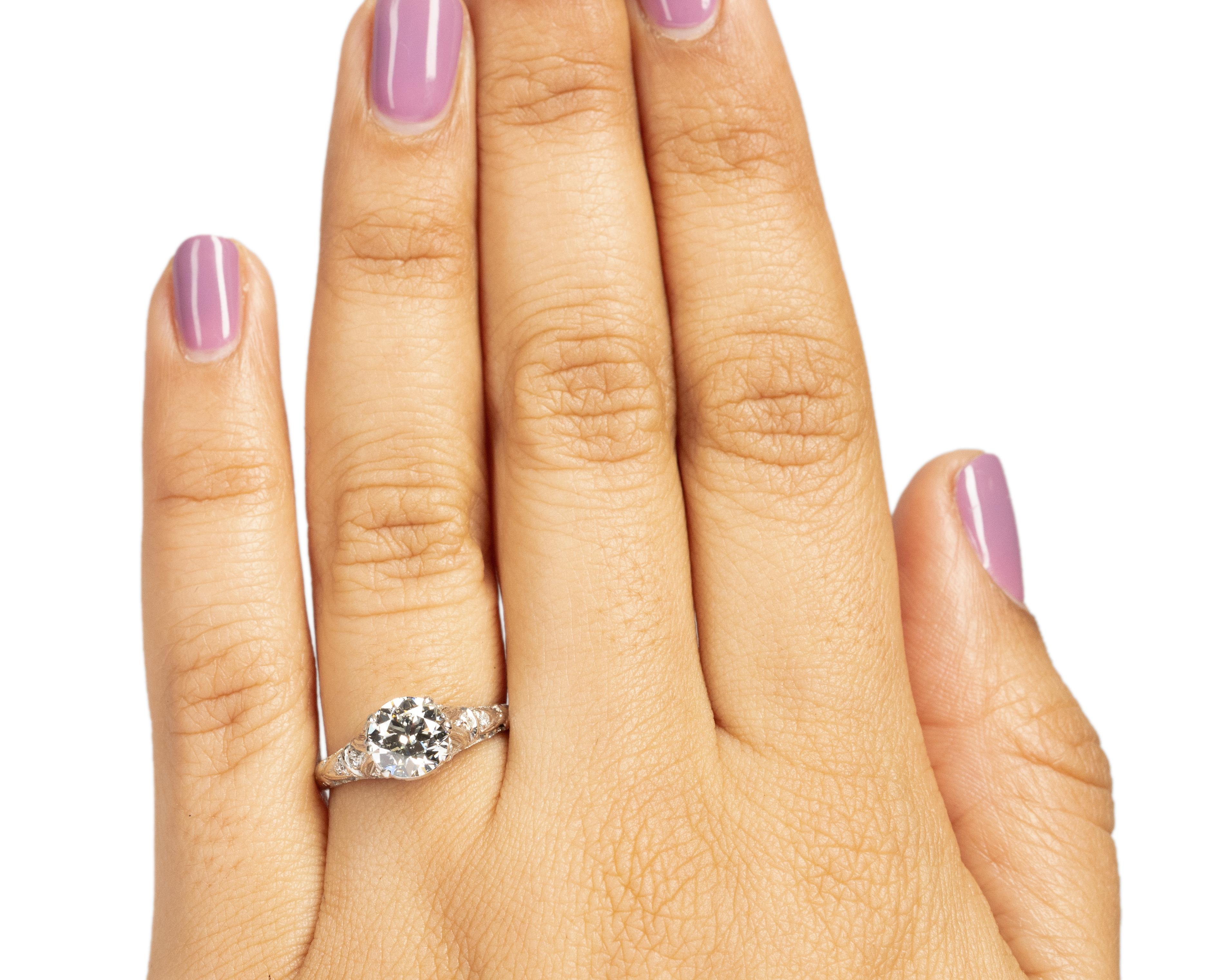 GIA 1.37 Carat Art Deco Platinum Diamond Old European Brilliant Engagement Ring For Sale 1