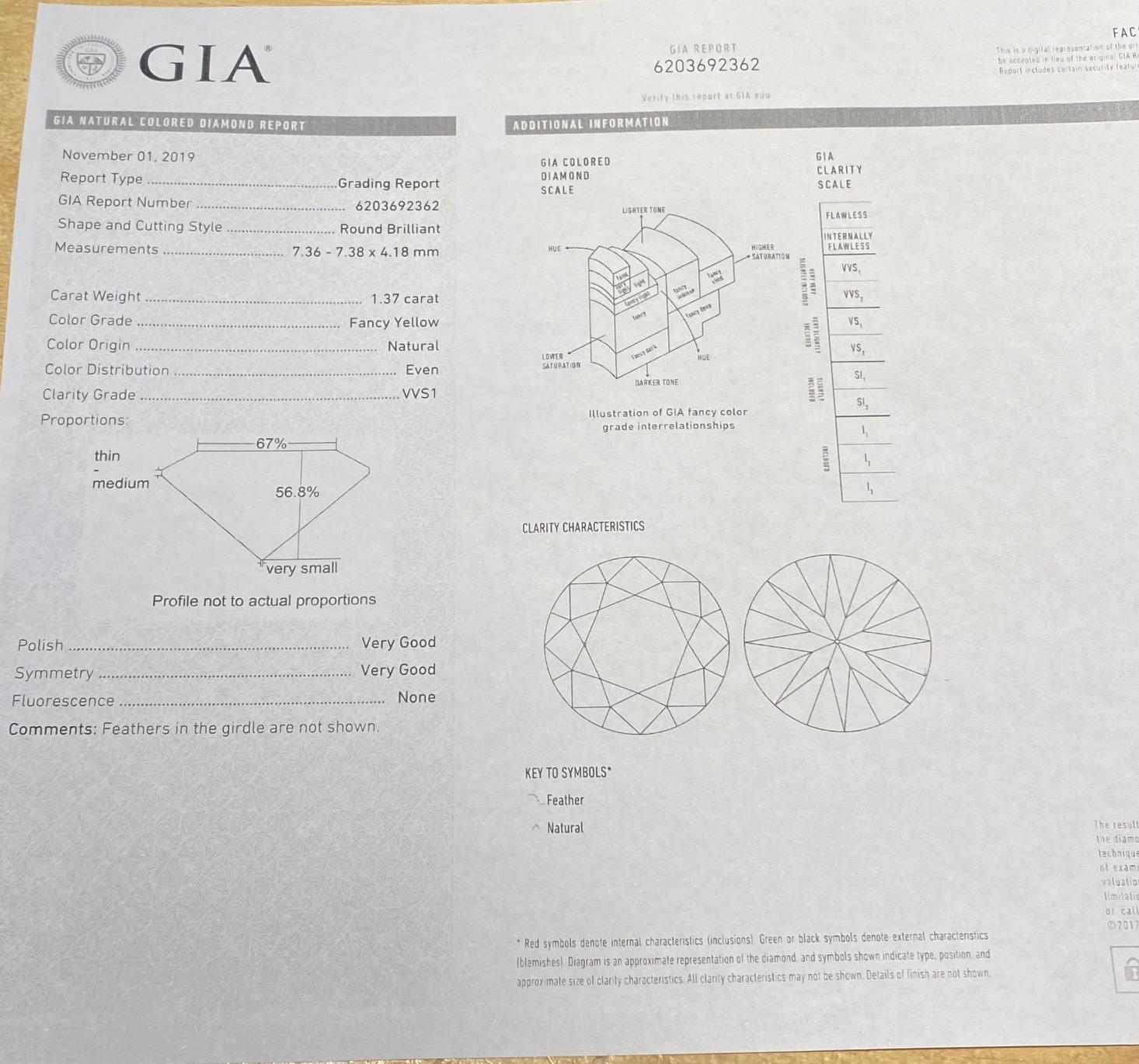 GIA certified center 1.37ct Fancy Yellows VVS1 diamond, in a Tiffany & Co 18k gold and platinum setting, with two tapered baguettes on sides. Ring size - 6. Marked: Tiffany & Co, 750, pt950. Weight - 4.5 grams. With GIA certificate.