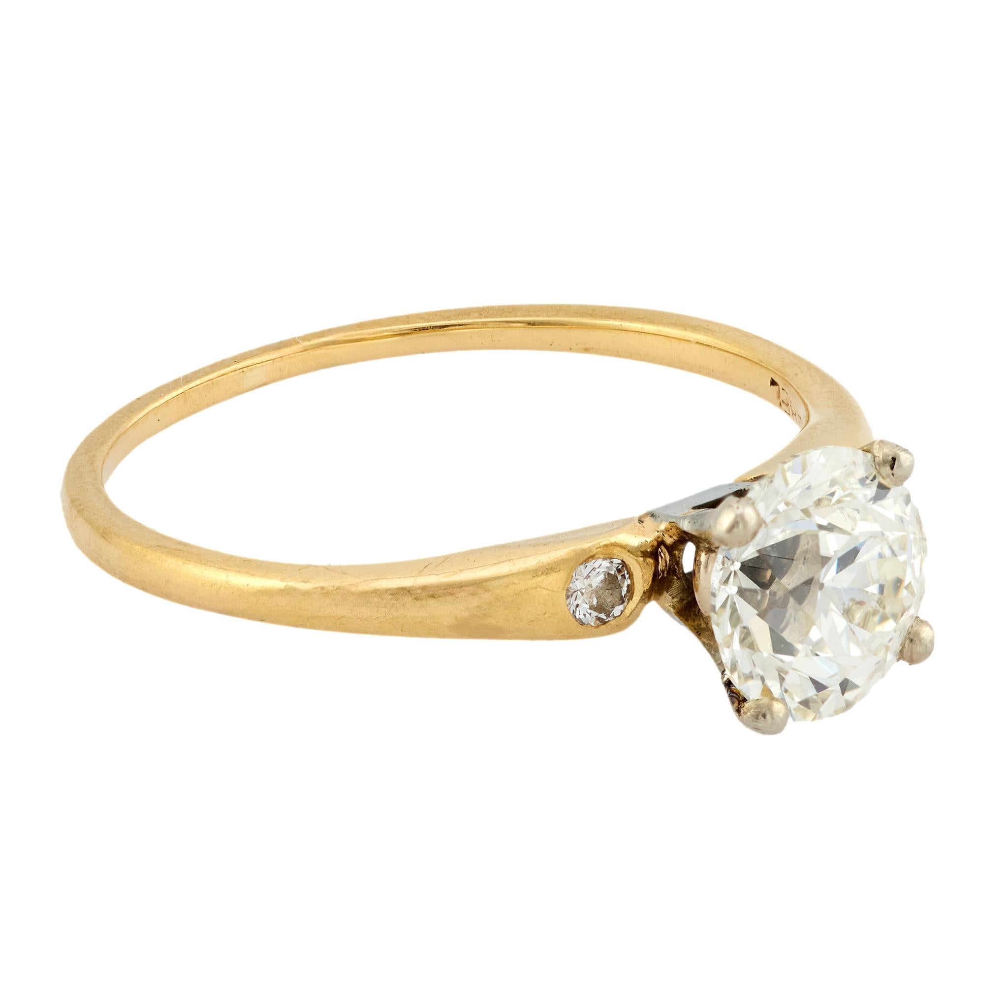 GIA Anello di fidanzamento in oro giallo 14k con diamante vecchio taglio europeo da 1,37 carati In condizioni buone in vendita a Beverly Hills, CA