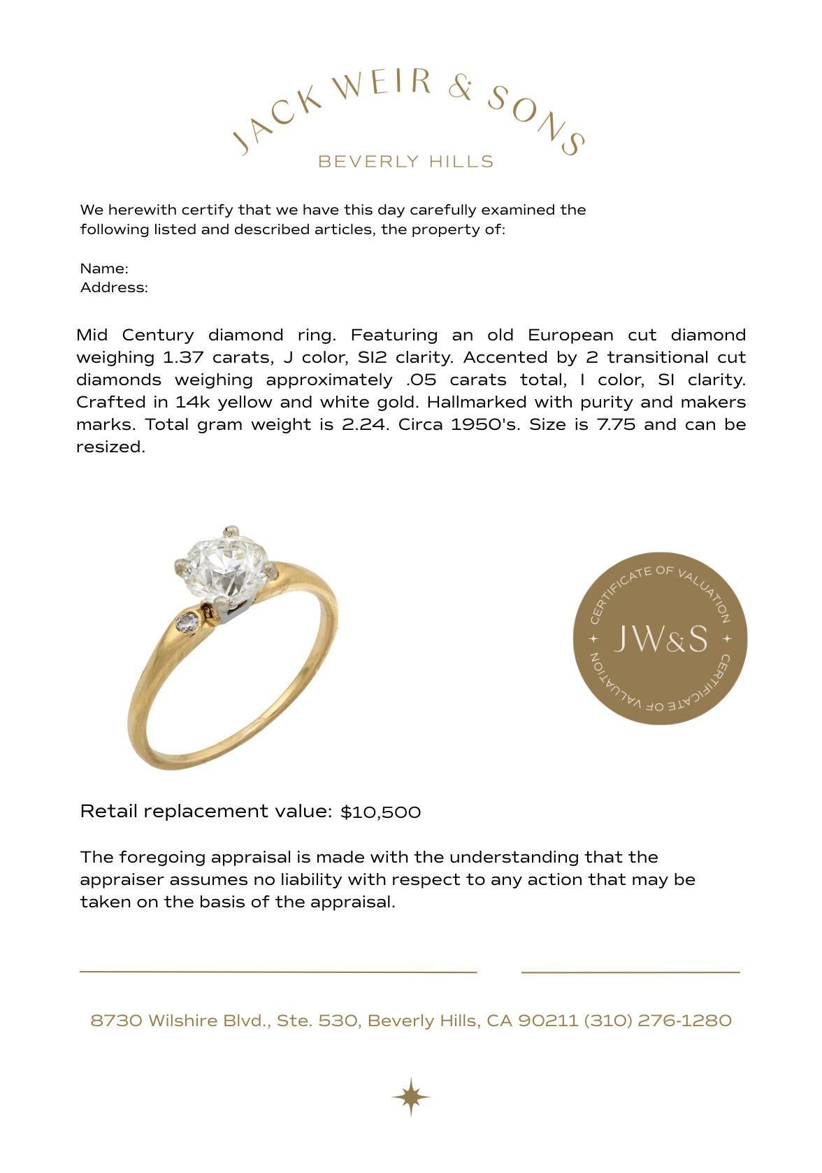 GIA Anello di fidanzamento in oro giallo 14k con diamante vecchio taglio europeo da 1,37 carati in vendita 1