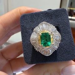 GIA 1.38 Carat Emerald Cut Colombian Emerald & Diamond Platinum Ballerina Ring