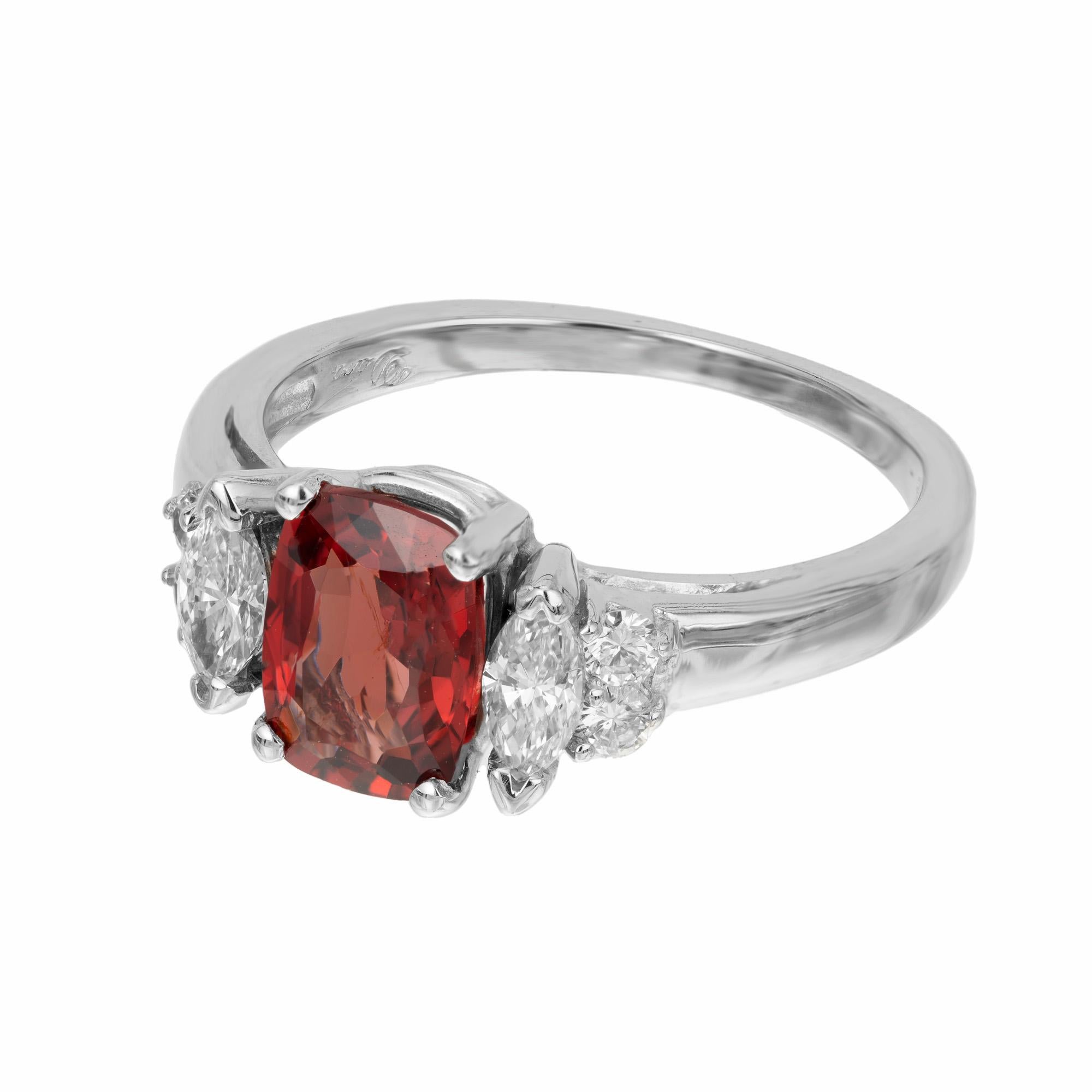 1970's designer Dana bright red Spinel and diamond 14k white gold three-stone engagement ring. Set with a GIA certified cushion cut natural, no heat, orangey red Spinel. Mounted in a 14k white gold setting and accented with two marquise side
