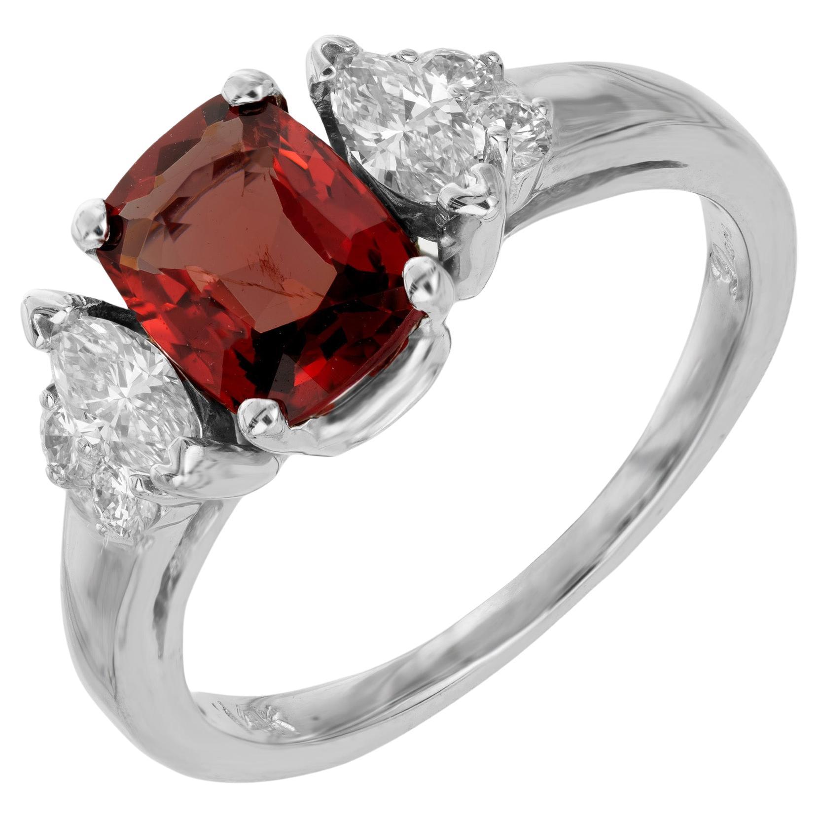 GIA 1.39 Carat Orange Red Spinel Diamond Gold Three-Stone Engagement Ring For Sale