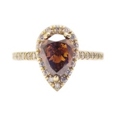 Anello con diamante naturale GIA da 1,39 carati a forma di pera, di colore arancione intenso e marrone, 14 carati