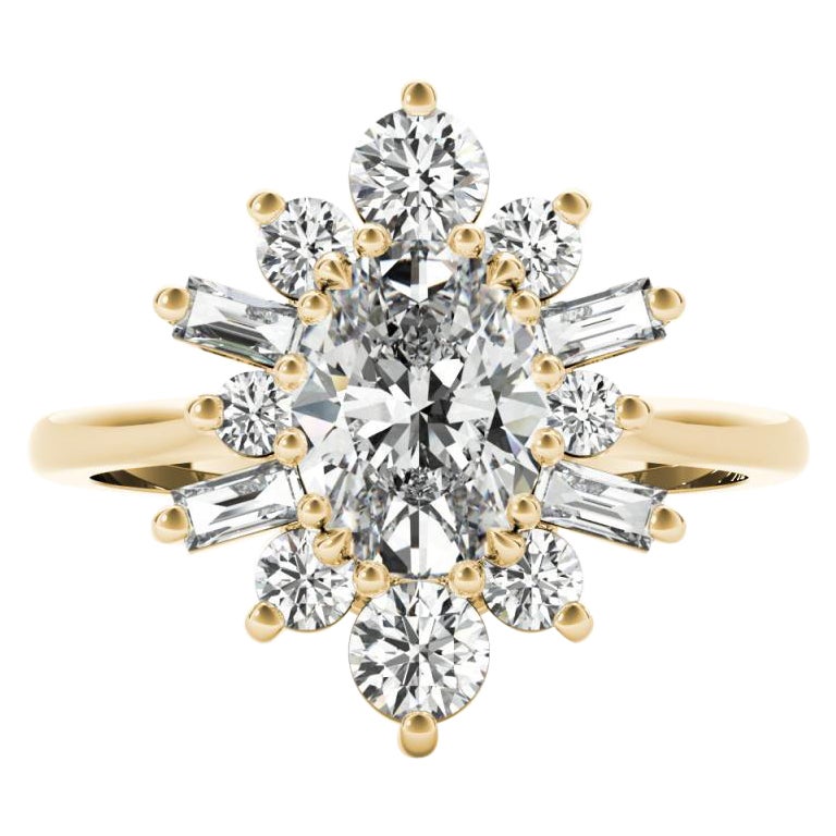GIA 1.3ct Oval Icy Snowflake Flower Cluster 18K Yellow Gold Diamond Ring For Sale