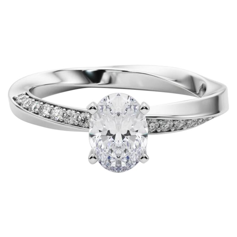 GIA 1.3ct Oval Solitaire Twisted Square Band 18K White Gold Diamond Ring