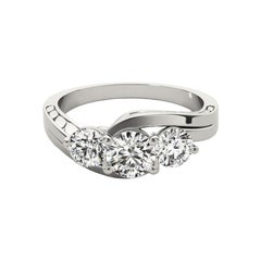 GIA 1.3ct Round 3-Stone Engraved Curved Shank 18K White Gold Diamond Ring