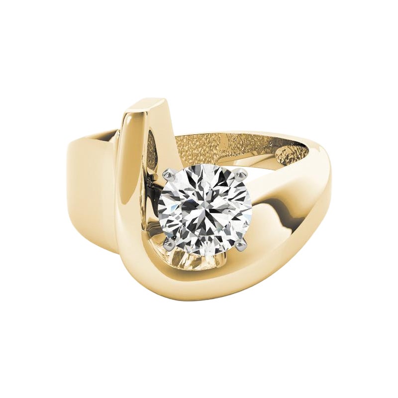 GIA 1,3ct Anello con diamante rotondo moderno solitario a fascia curva in oro giallo 18 carati in vendita