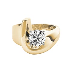 GIA 1.3ct Round Modern Solitaire Curved Band 18K Yellow Gold Diamond Ring