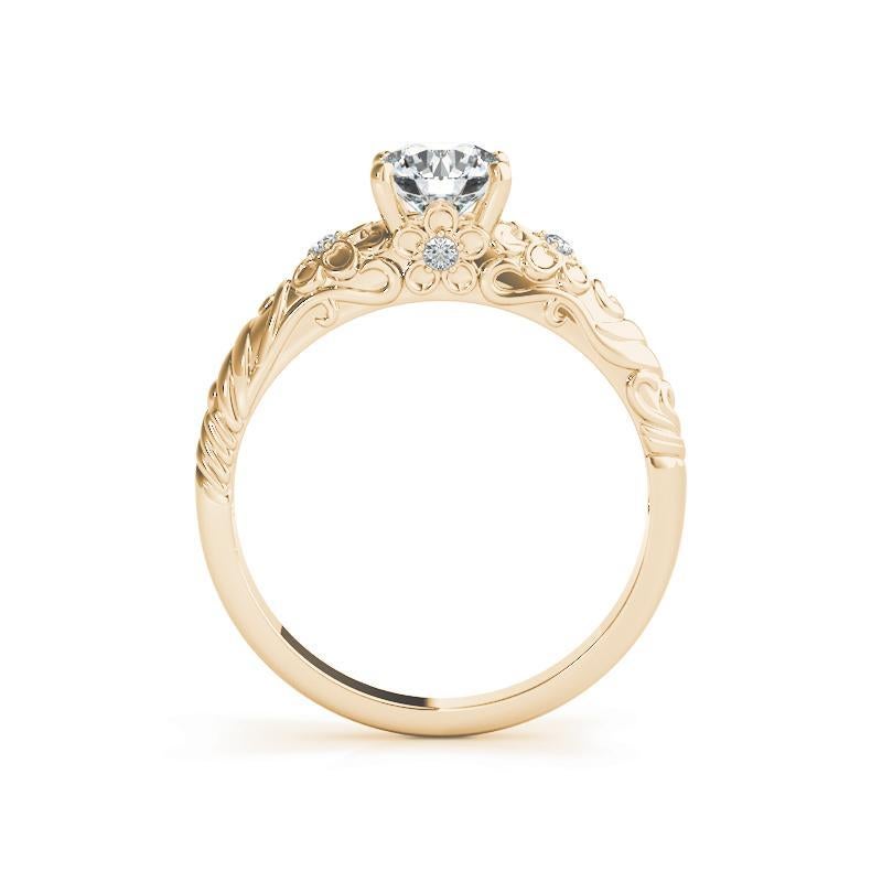 Taglio rotondo GIA 1,3ct Solitario rotondo con fiore inciso a forma di vite in oro giallo 18 carati in vendita