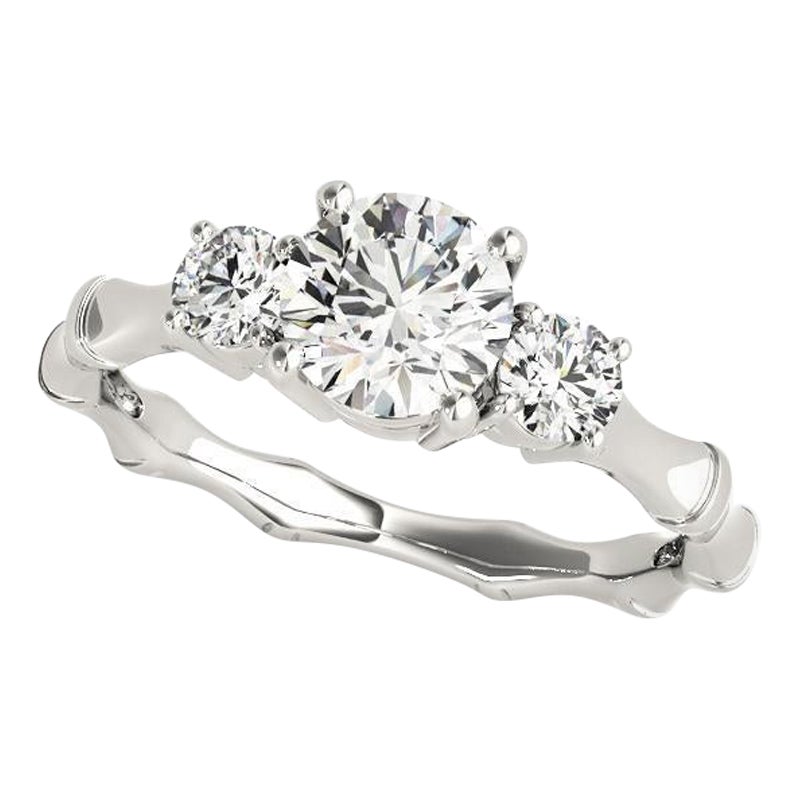 GIA 1.3ct Round Three-Stone Slim Bamboo Shank 18K White Gold Diamond Ring