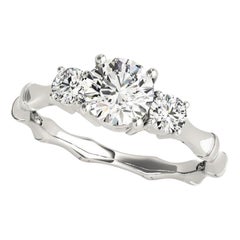 GIA 1.3ct Round Three-Stone Slim Bamboo Shank 18K White Gold Diamond Ring