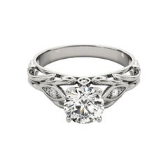 GIA 1,3ct Round Vine Trellis Filigree Anello con diamanti d'epoca in oro bianco 18K