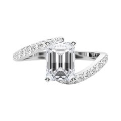 GIA 1.4 Carat Emerald Curved Bypass Pave Shank  Diamond Ring