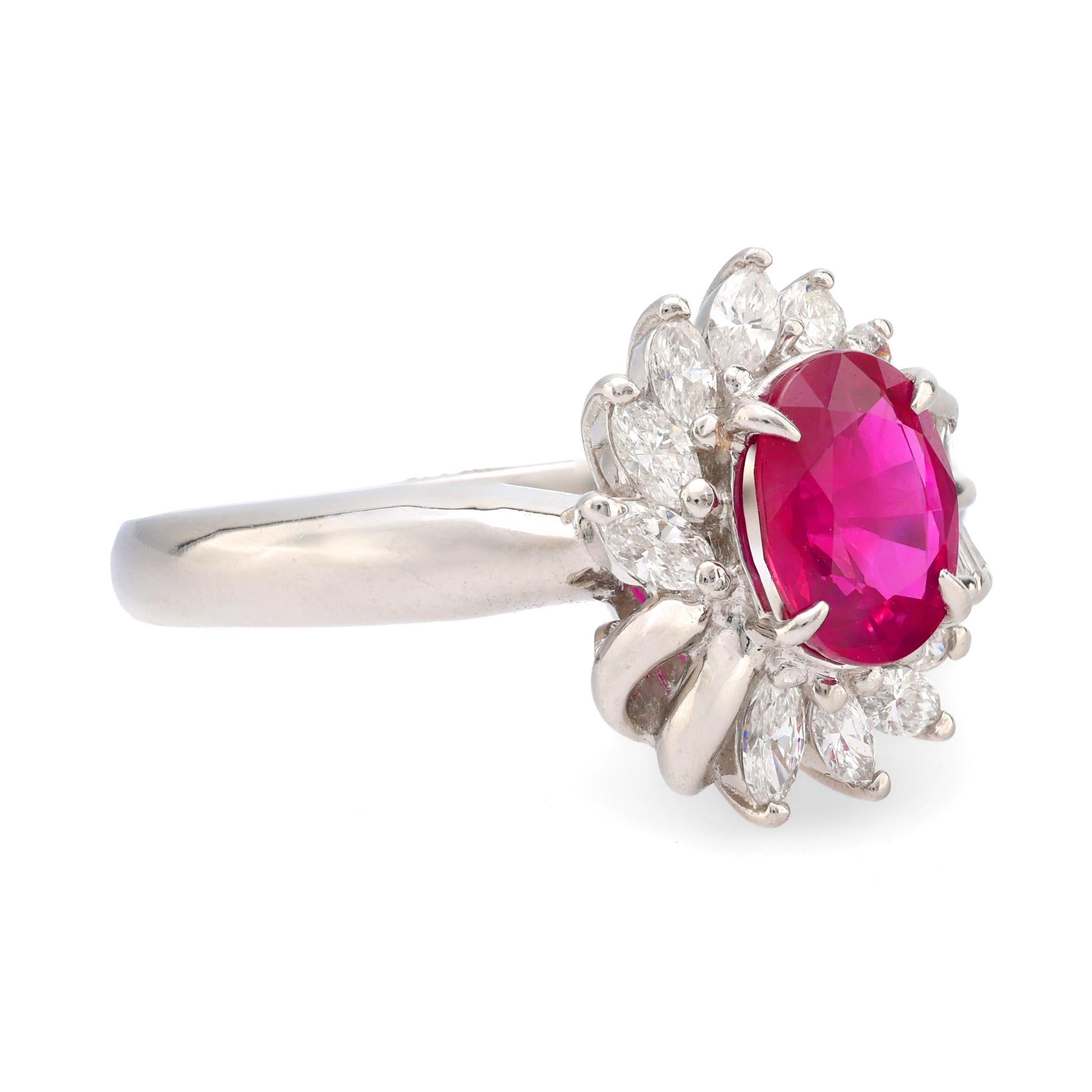 Modern GIA 1.40 carat oval cut Burma ruby diamond platinum cluster ring For Sale