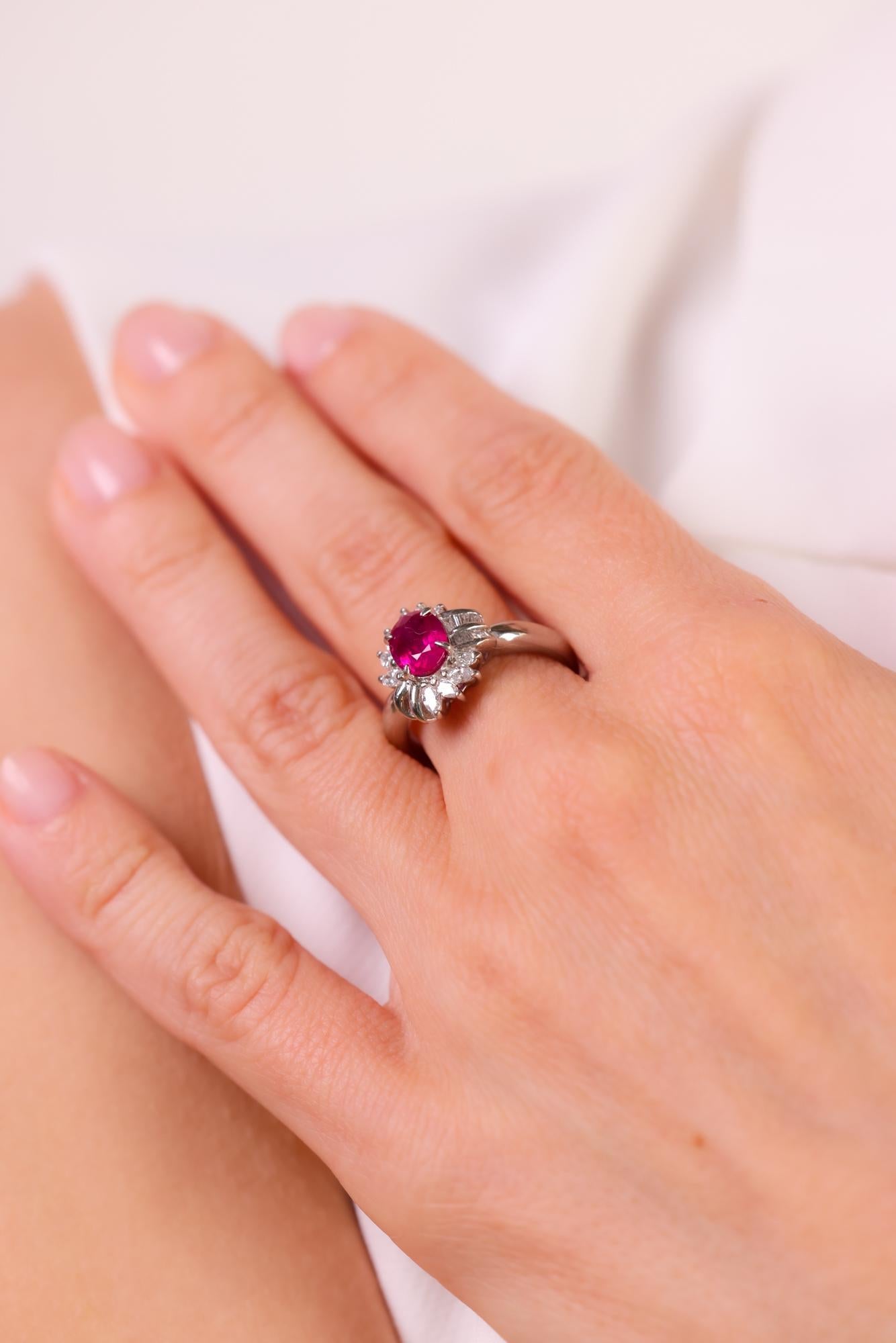 Oval Cut GIA 1.40 carat oval cut Burma ruby diamond platinum cluster ring For Sale