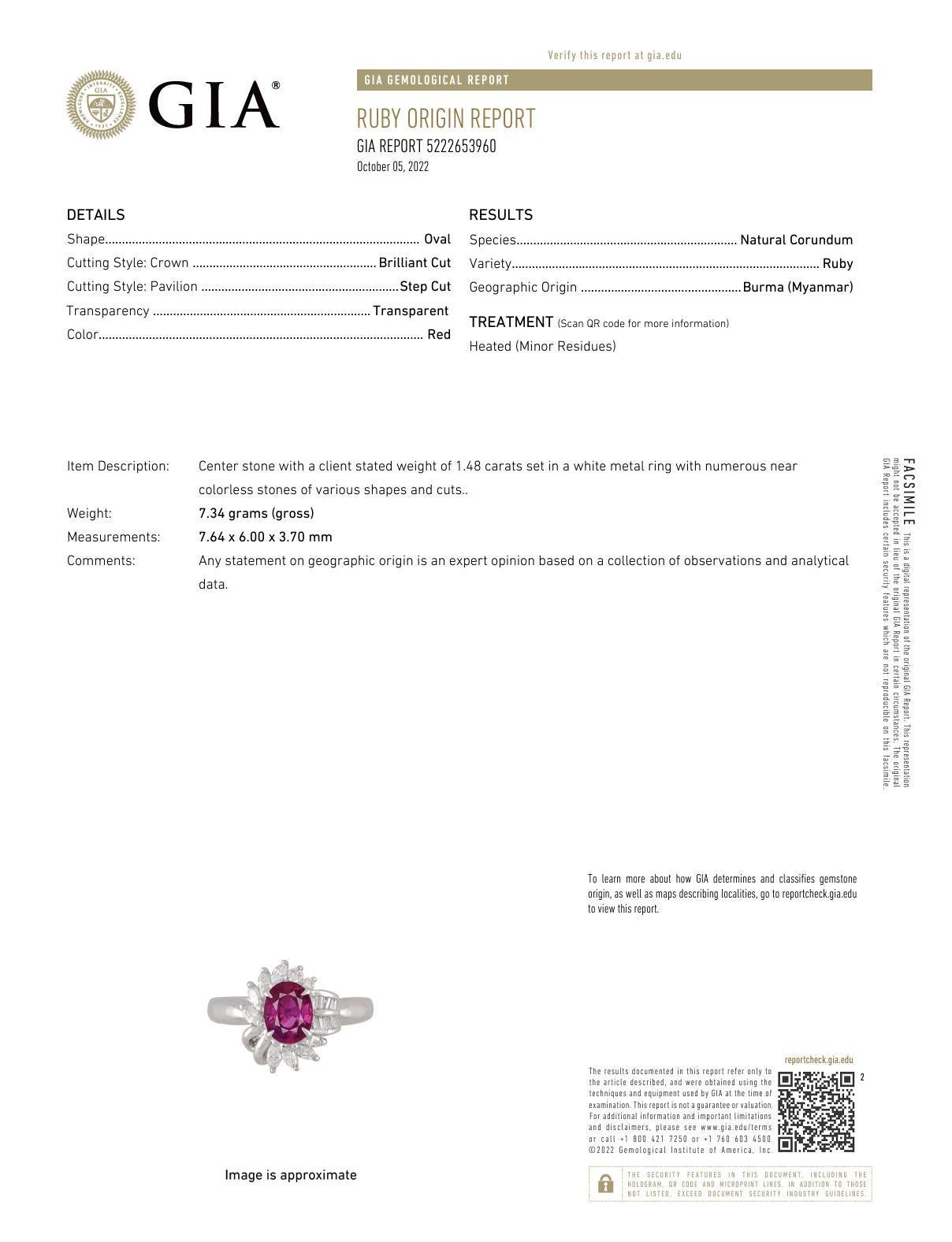 GIA 1.40 carat oval cut Burma ruby diamond platinum cluster ring In Excellent Condition For Sale In Beverly Hills, CA