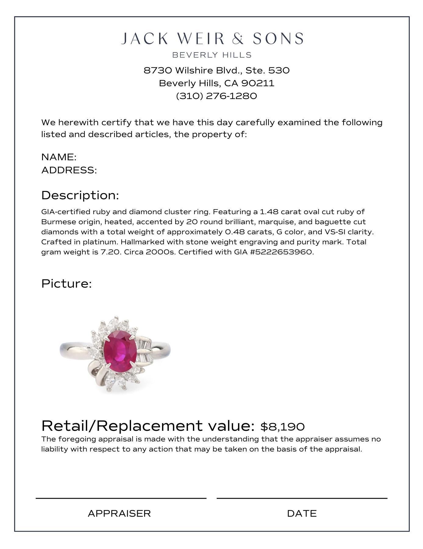 Women's or Men's GIA 1.40 carat oval cut Burma ruby diamond platinum cluster ring For Sale