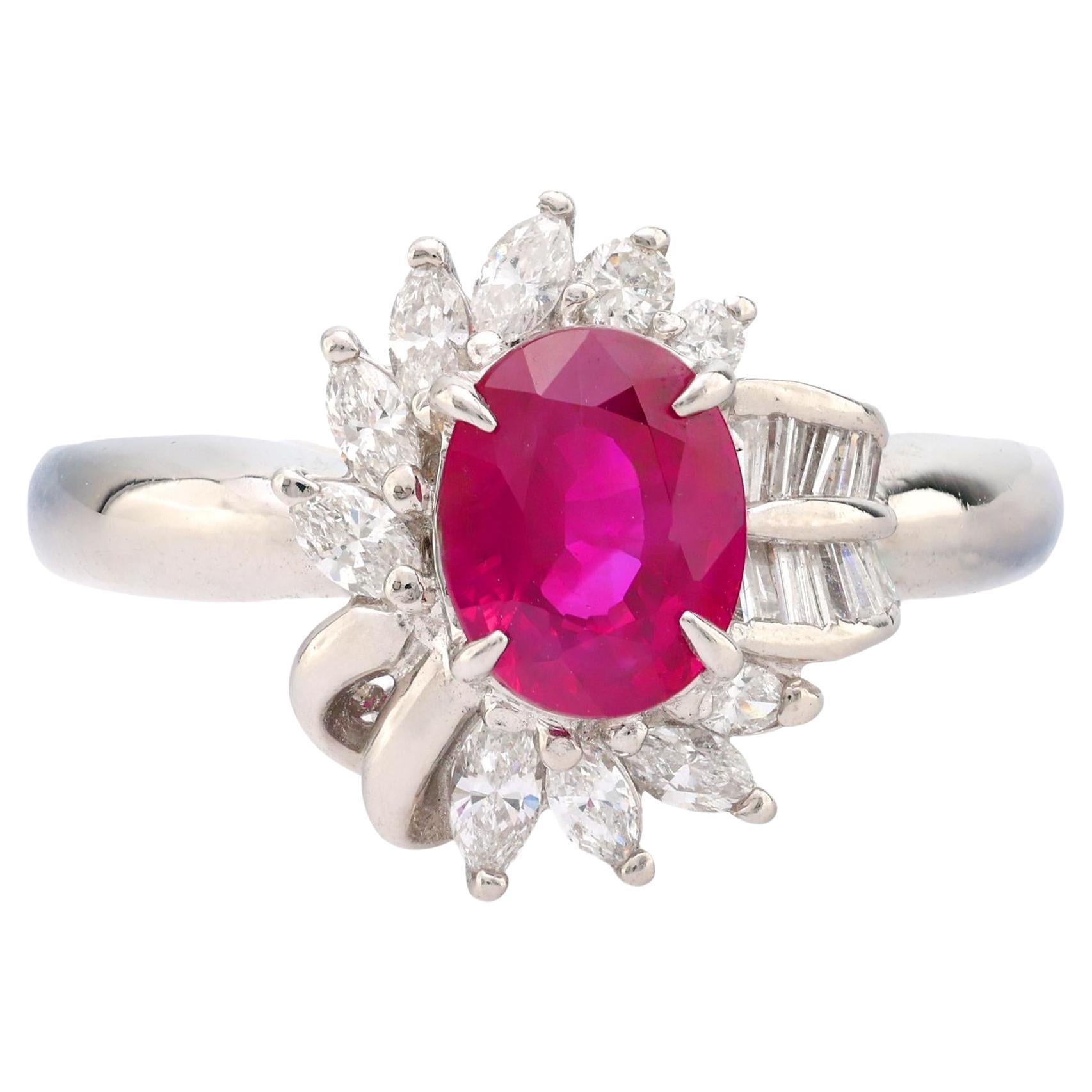 GIA Bague en platine avec rubis de Birmanie de 1,40 carat de taille ovale et diamant