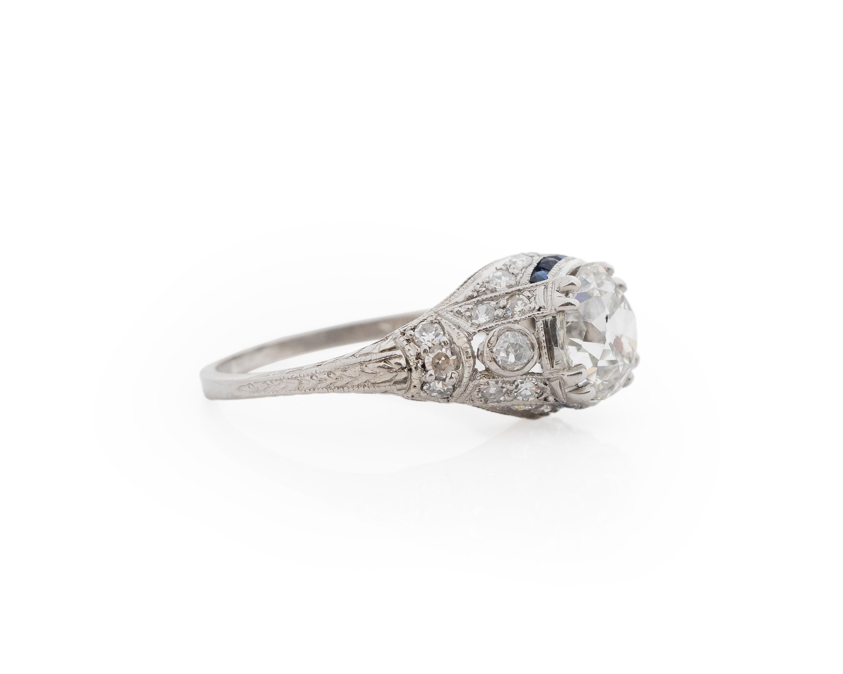 Year: 1920s

Item Details:
Ring Size: 6.25
Metal Type: Platinum [Hallmarked, and Tested]
Weight: 3.0 grams

Center Diamond Details:

GIA Report#: 2231052748
Weight: 1.40ct total weight
Cut: Old European brilliant
Color: I
Clarity: VS2
Type: