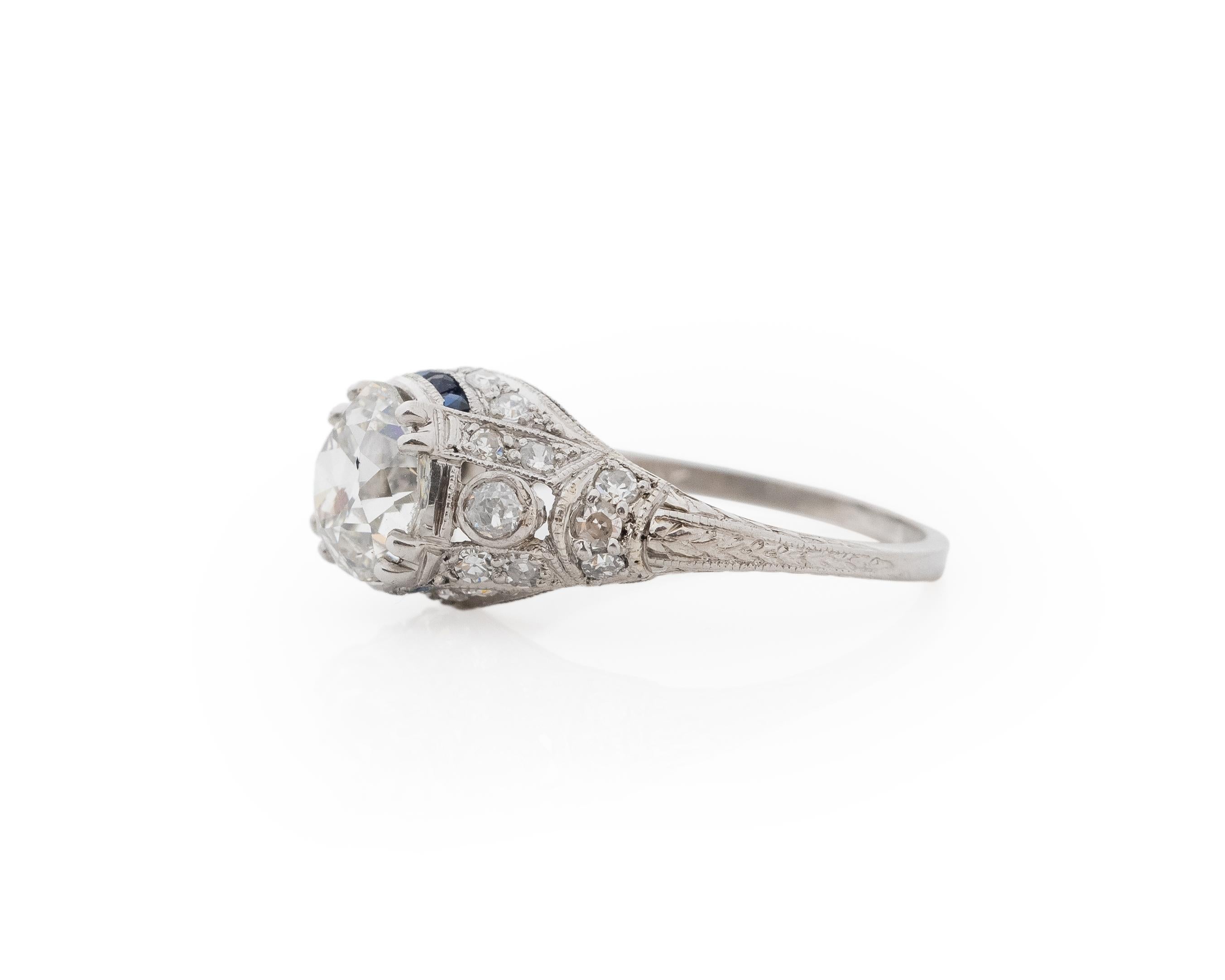 Old European Cut GIA 1.40 Carat Total Weight Art Deco Diamond Platinum Engagement Ring For Sale