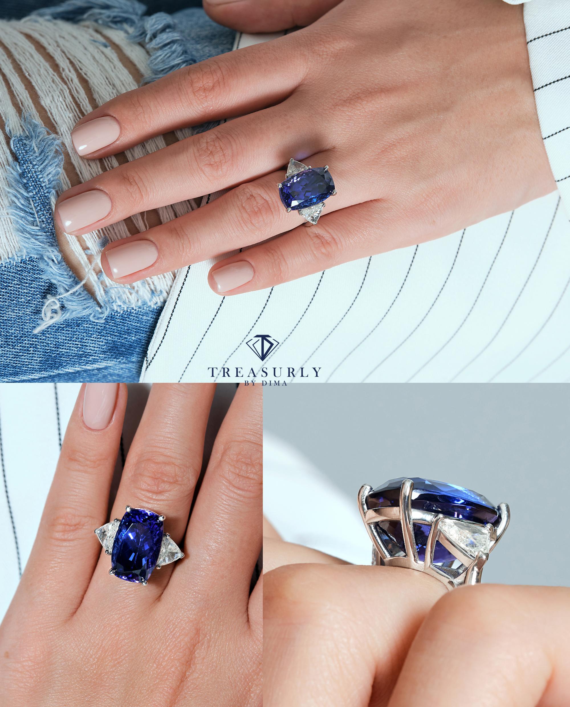GIA 14.0ct Cushion Tanzanite Deep AAA Blue Violet Diamond Platinum Trilogy Ring 7