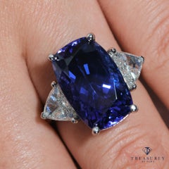 GIA 14.0ct Cushion Tanzanite Deep AAA Blue Violet Diamond Platinum Trilogy Ring