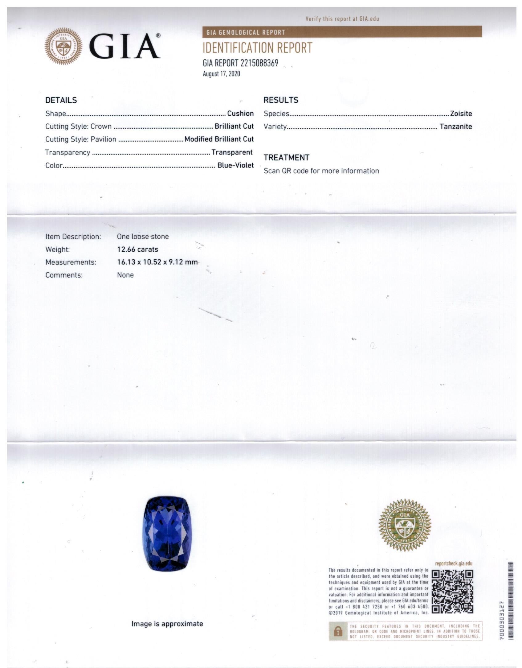 Cushion Cut GIA 14.0ct Cushion Tanzanite Deep AAA Blue Violet Diamond Platinum Trilogy Ring
