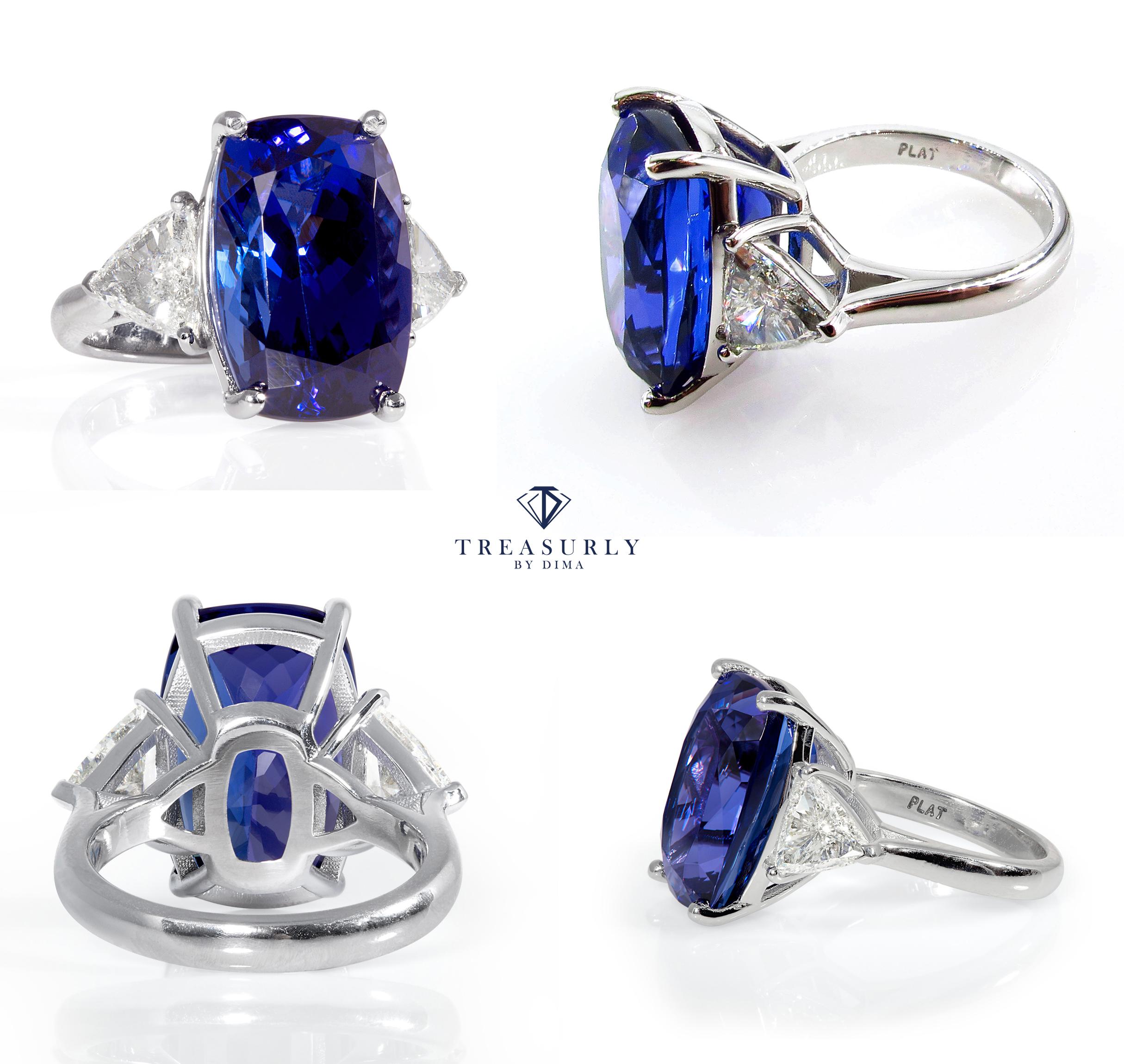 GIA 14.0ct Cushion Tanzanite Deep AAA Blue Violet Diamond Platinum Trilogy Ring In Good Condition In New York, NY