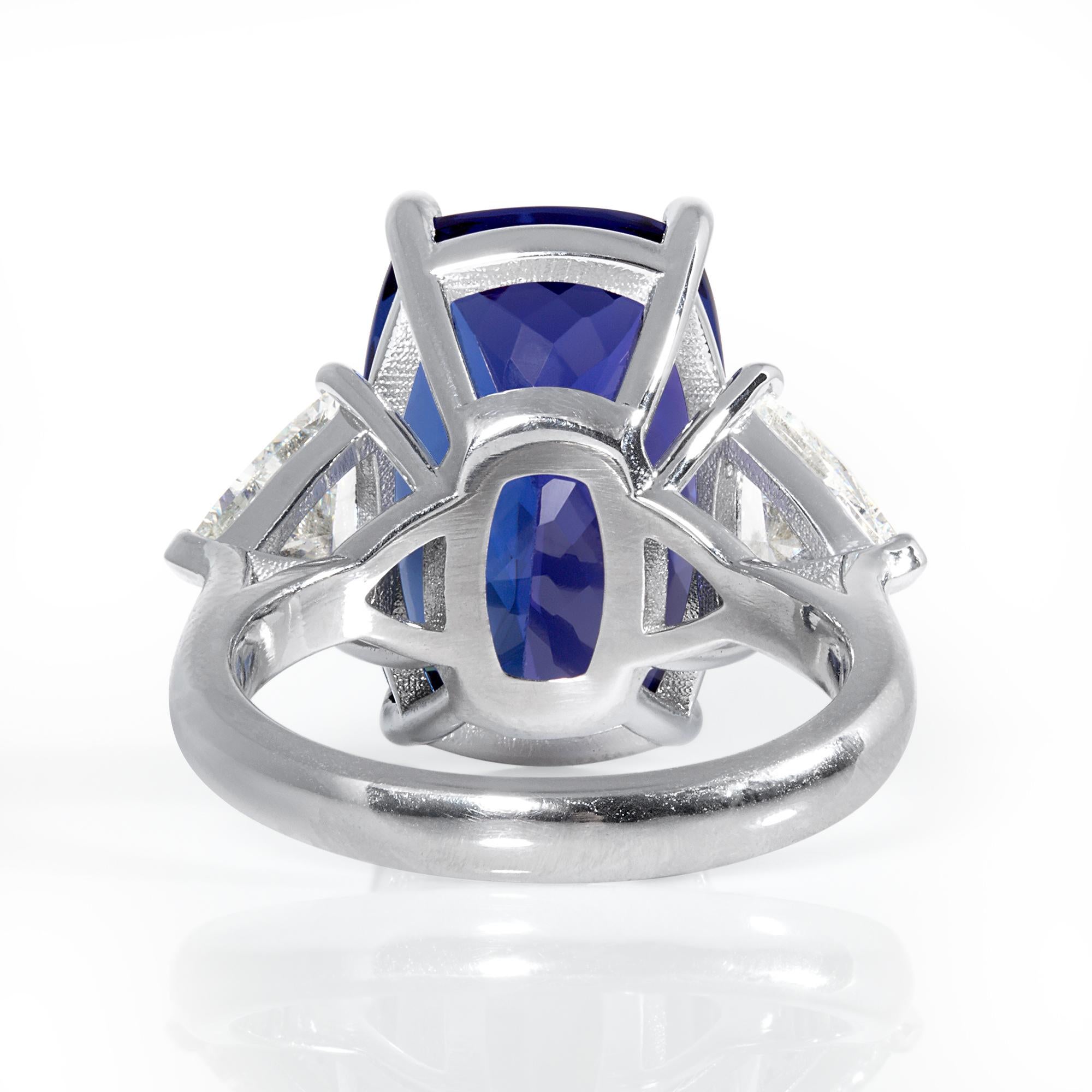GIA 14.0ct Cushion Tanzanite Deep AAA Blue Violet Diamond Platinum Trilogy Ring 1