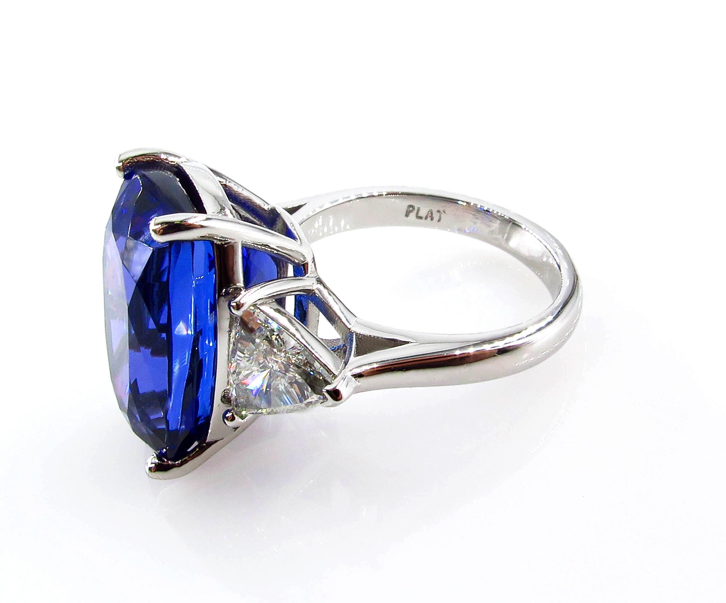 GIA 14.0ct Cushion Tanzanite Deep AAA Blue Violet Diamond Platinum Trilogy Ring 2