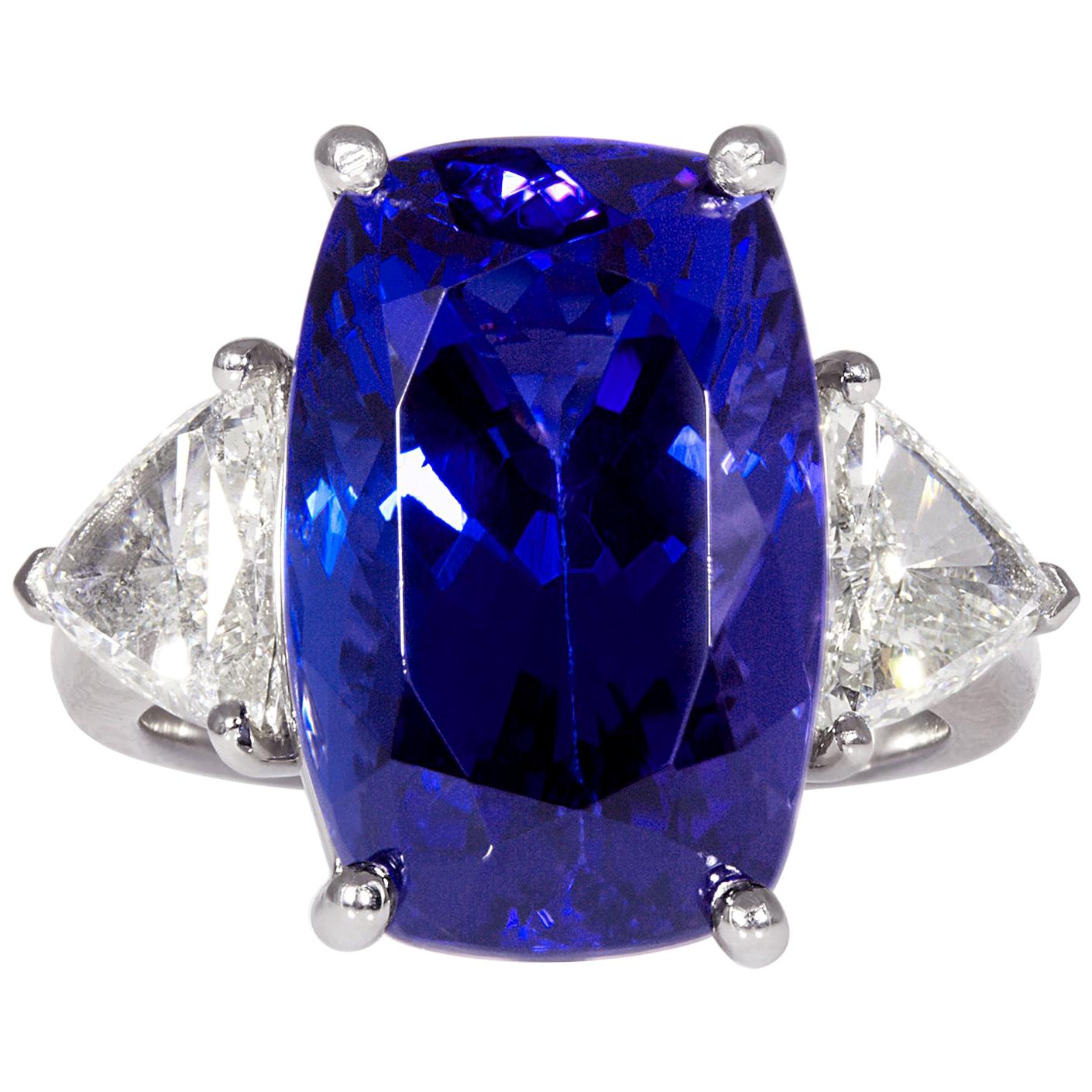 GIA 14.0ct Cushion Tanzanite Deep AAA Blue Violet Diamond Platinum Trilogy Ring