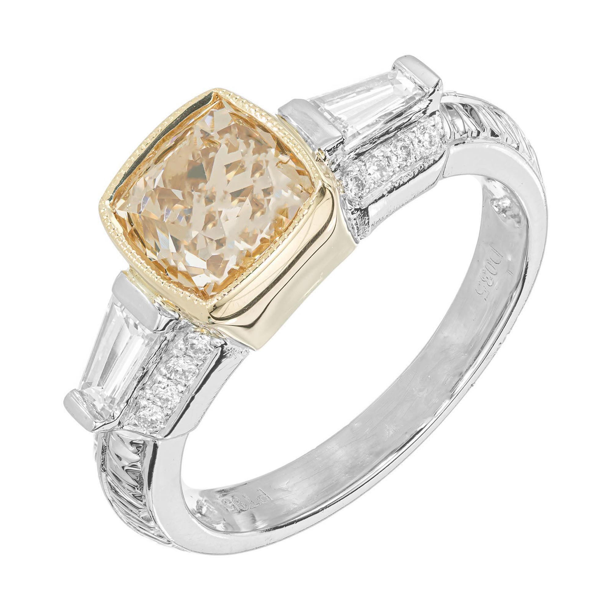 GIA 1.41 Carat Brown Yellow Cushion Diamond Gold Platinum Engagement Ring