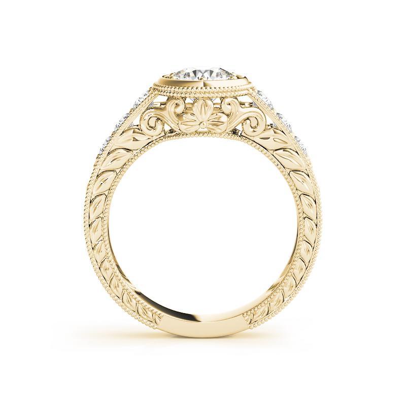 Taglio rotondo GIA 1,41ct Lunetta rotonda ornata Filigrana antica Anello con diamanti in oro giallo 18K in vendita