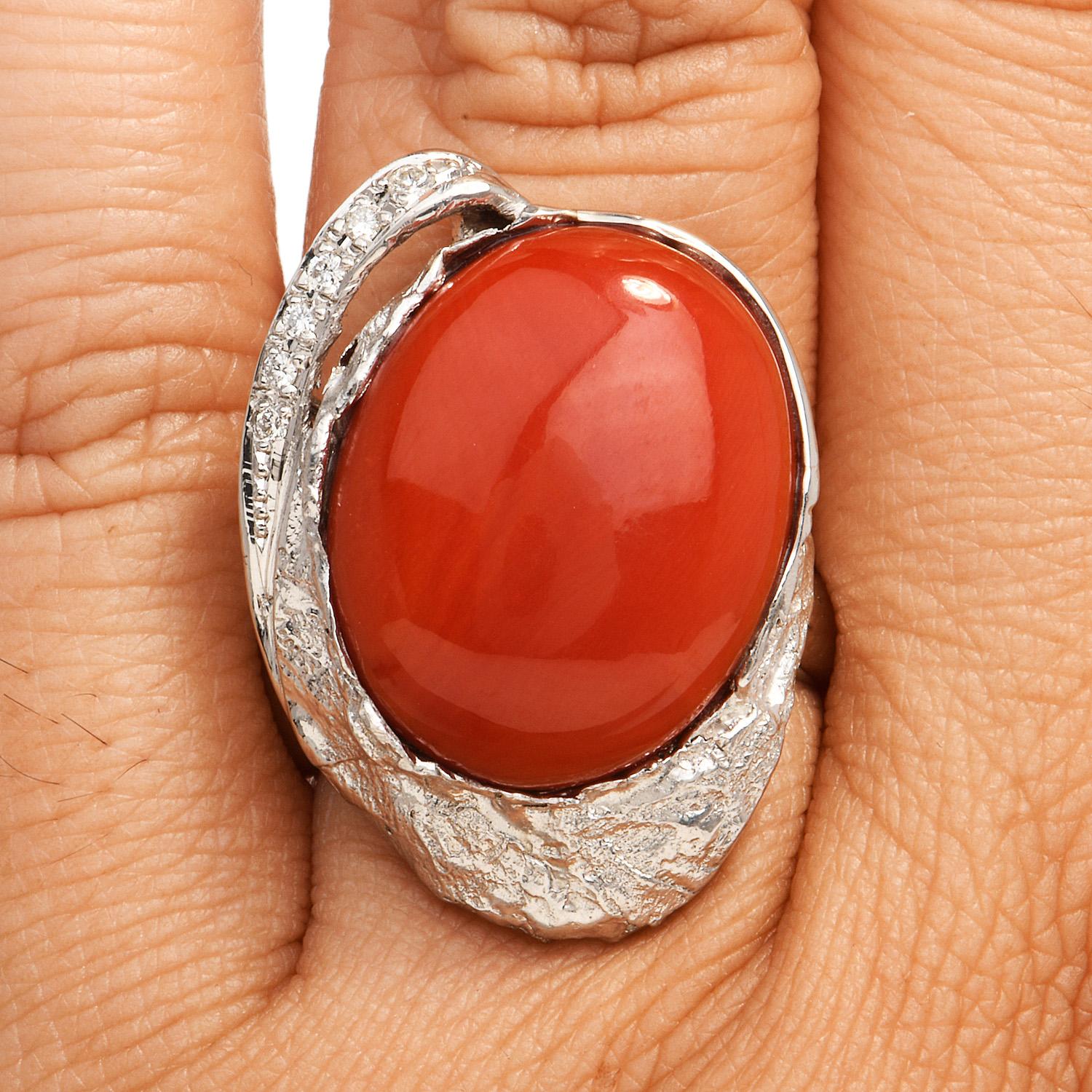 Retro GIA 14.25ct Natural Red Coral Diamond Platinum Bypass Cocktail Ring For Sale