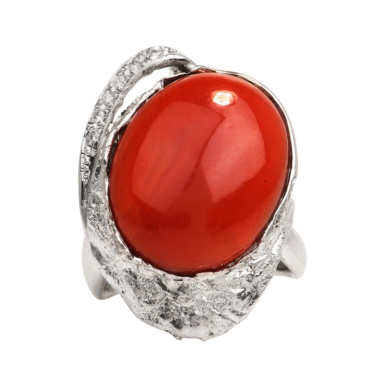 GIA 14.25ct Natural Red Coral Diamond Platinum Bypass Cocktail Ring For Sale