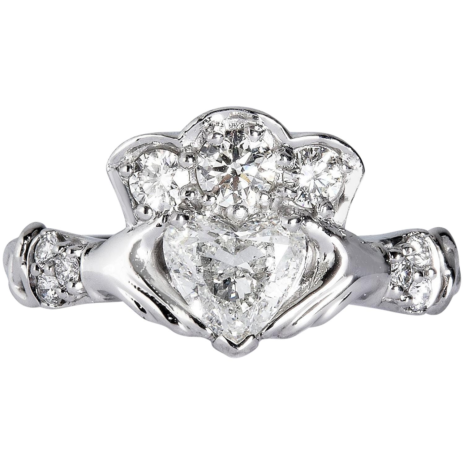 GIA 1.43 Carat Estate Vintage Heart Diamond Claddagh Wedding Plat Ring