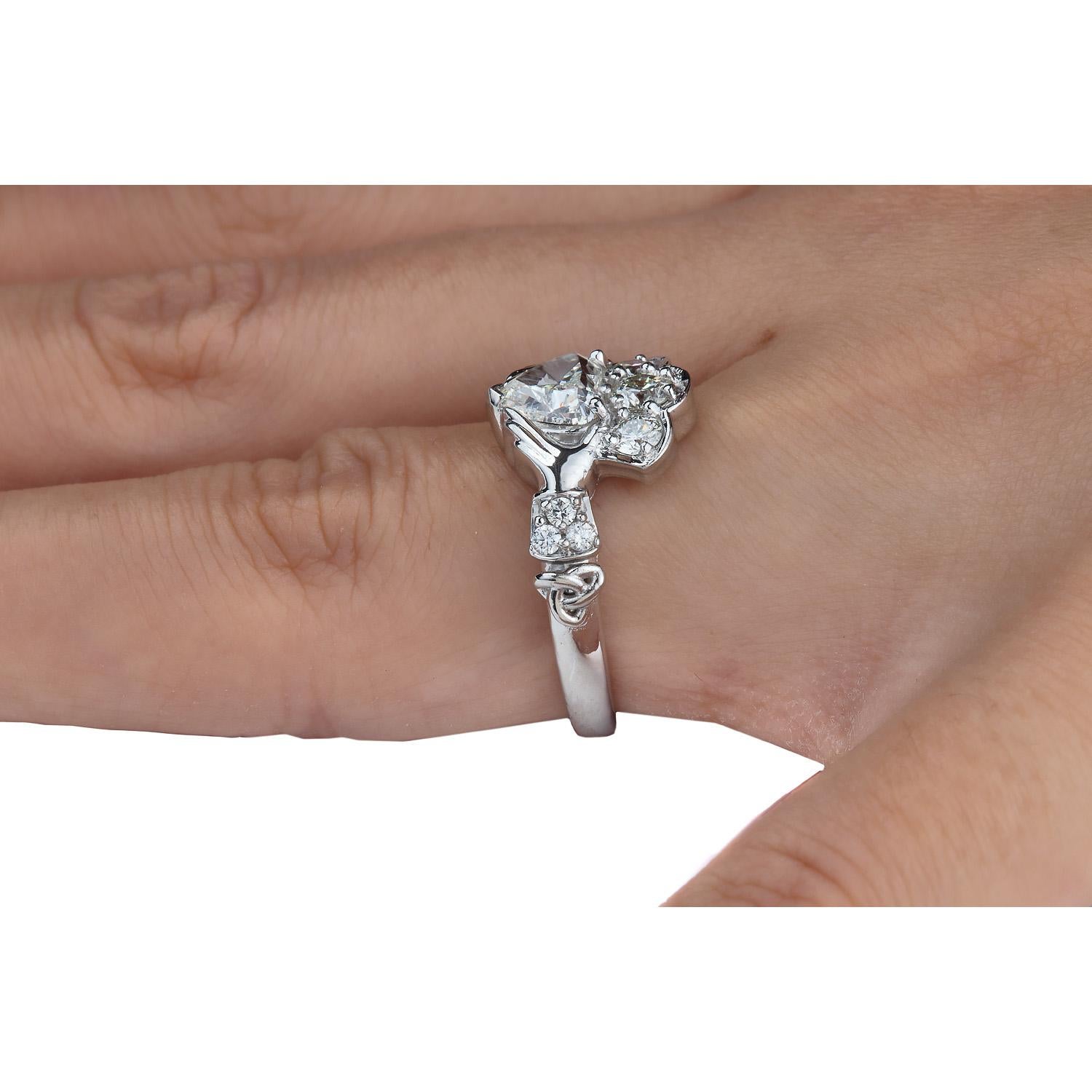 GIA 1.43 Carat Estate Vintage Heart Diamond Claddagh Wedding Plat Ring 2