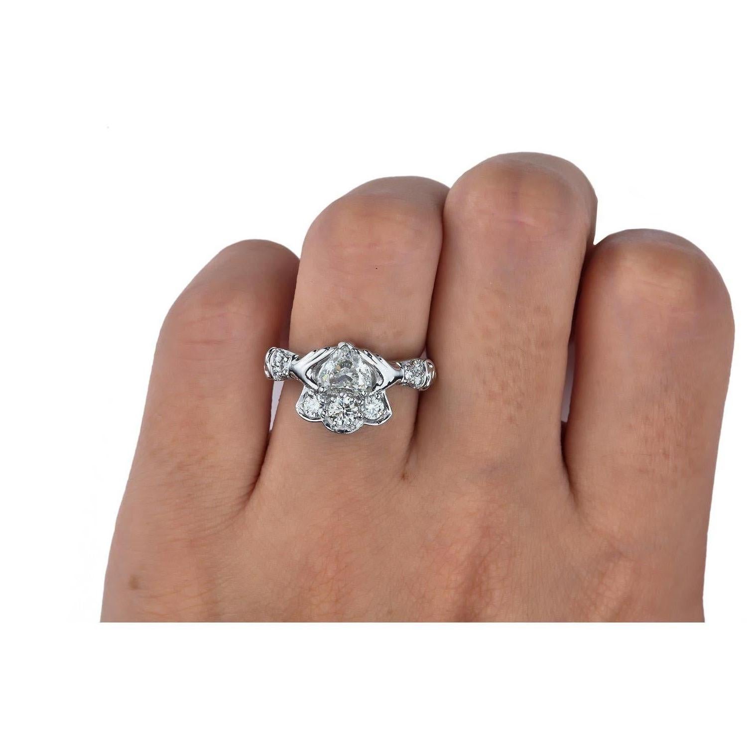 GIA 1.43 Carat Estate Vintage Heart Diamond Claddagh Wedding Plat Ring 1