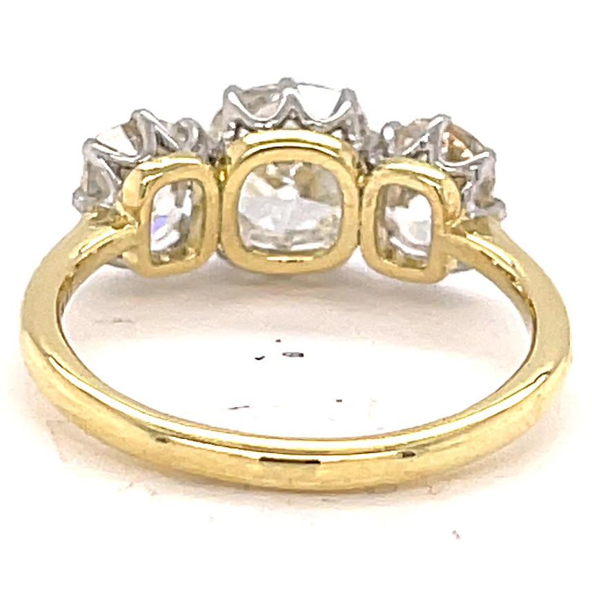 GIA 1.46 Carat Old Mine Cut Diamond 18 Karat Gold Three Stone Ring 2