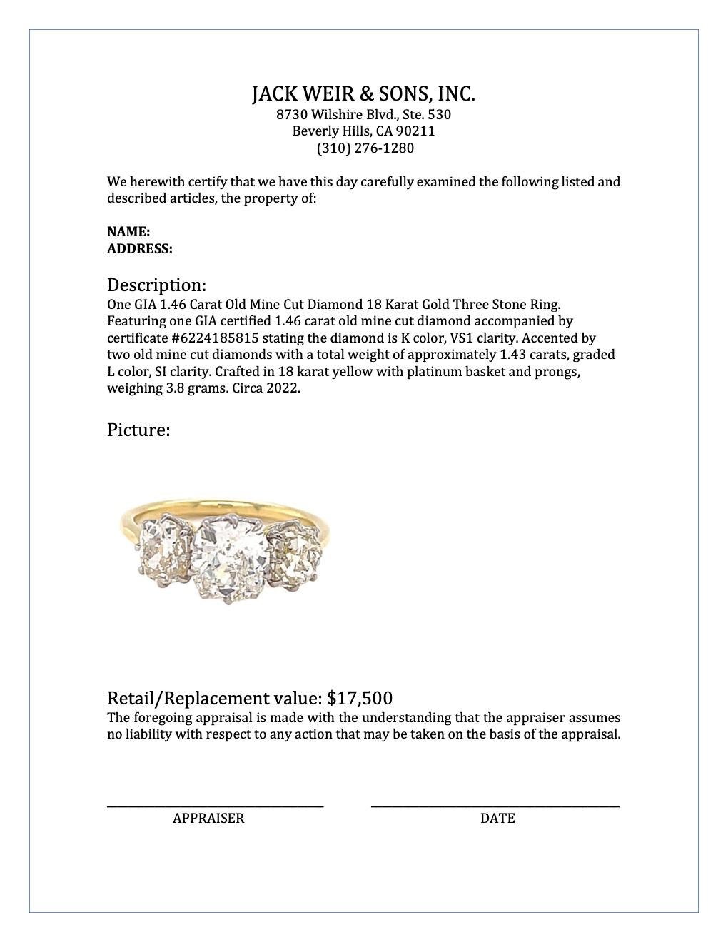 GIA 1.46 Carat Old Mine Cut Diamond 18 Karat Gold Three Stone Ring 4