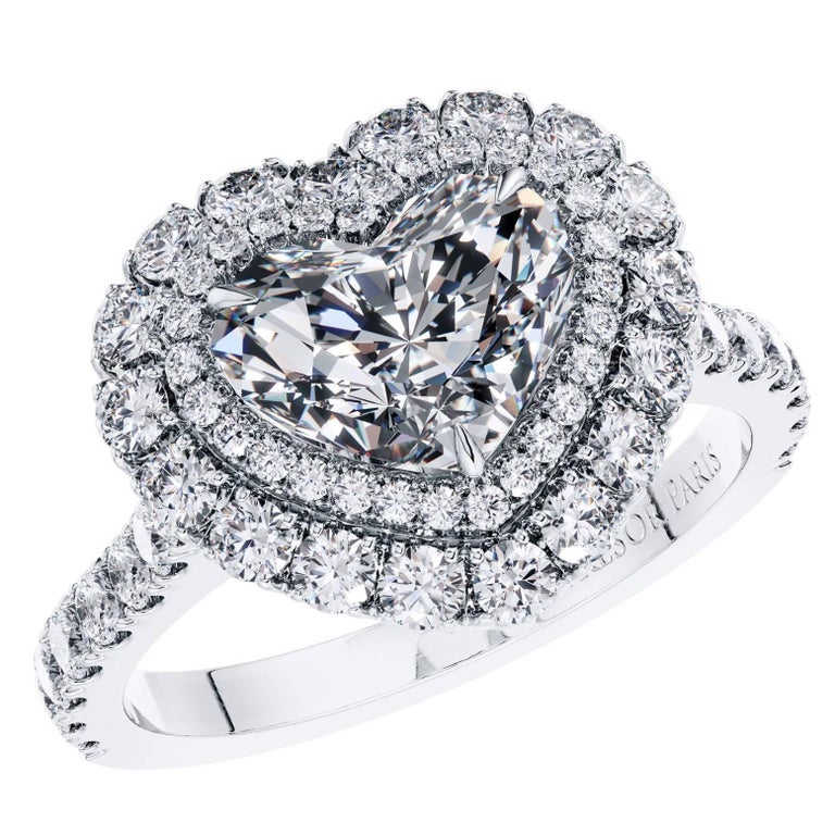 GIA 1.46 Carat Type 2A Heart Shaped Double Halo Diamond Engagement Ring
